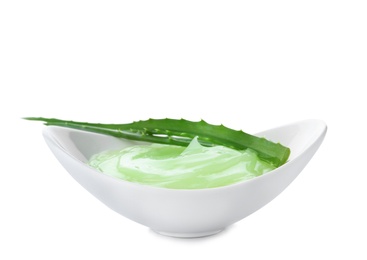 Bowl with aloe vera balm and fresh leaves on white background