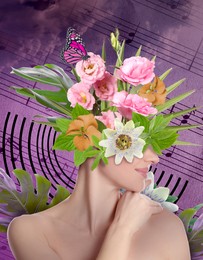 Young woman with beautiful flowers, butterfly and leaves on bright background. Stylish creative collage design