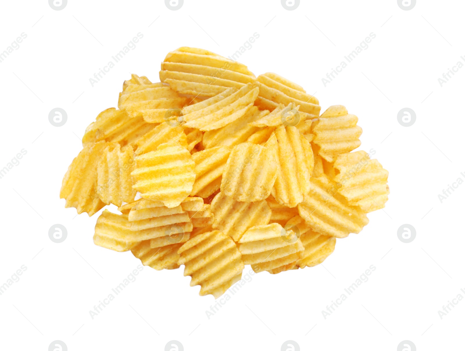 Photo of Heap of tasty ridged potato chips on white background, top view