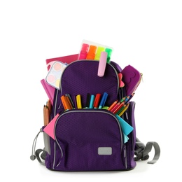 Photo of Purple backpack with different school stationery on white background