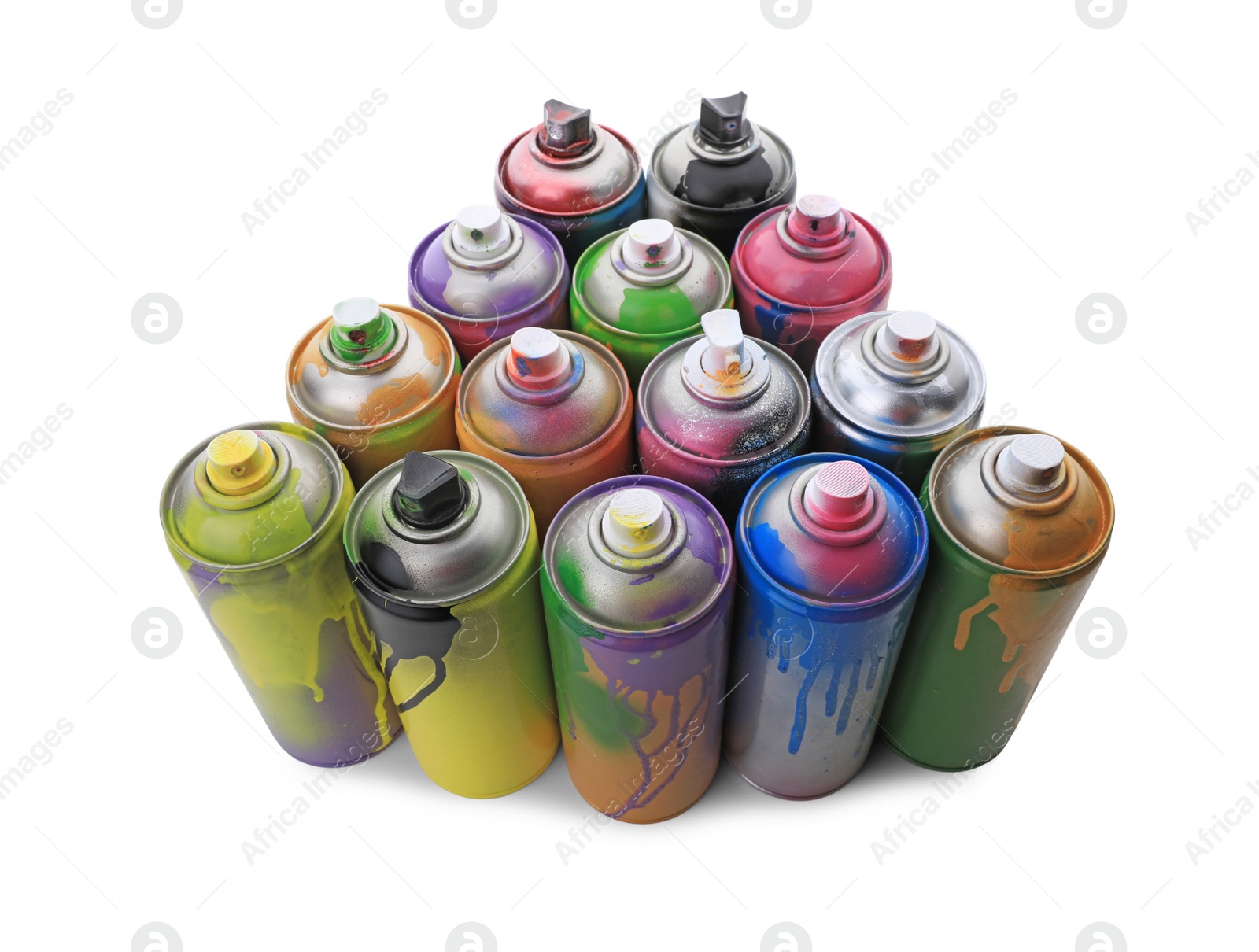 Photo of Used cans of spray paints on white background. Graffiti supplies