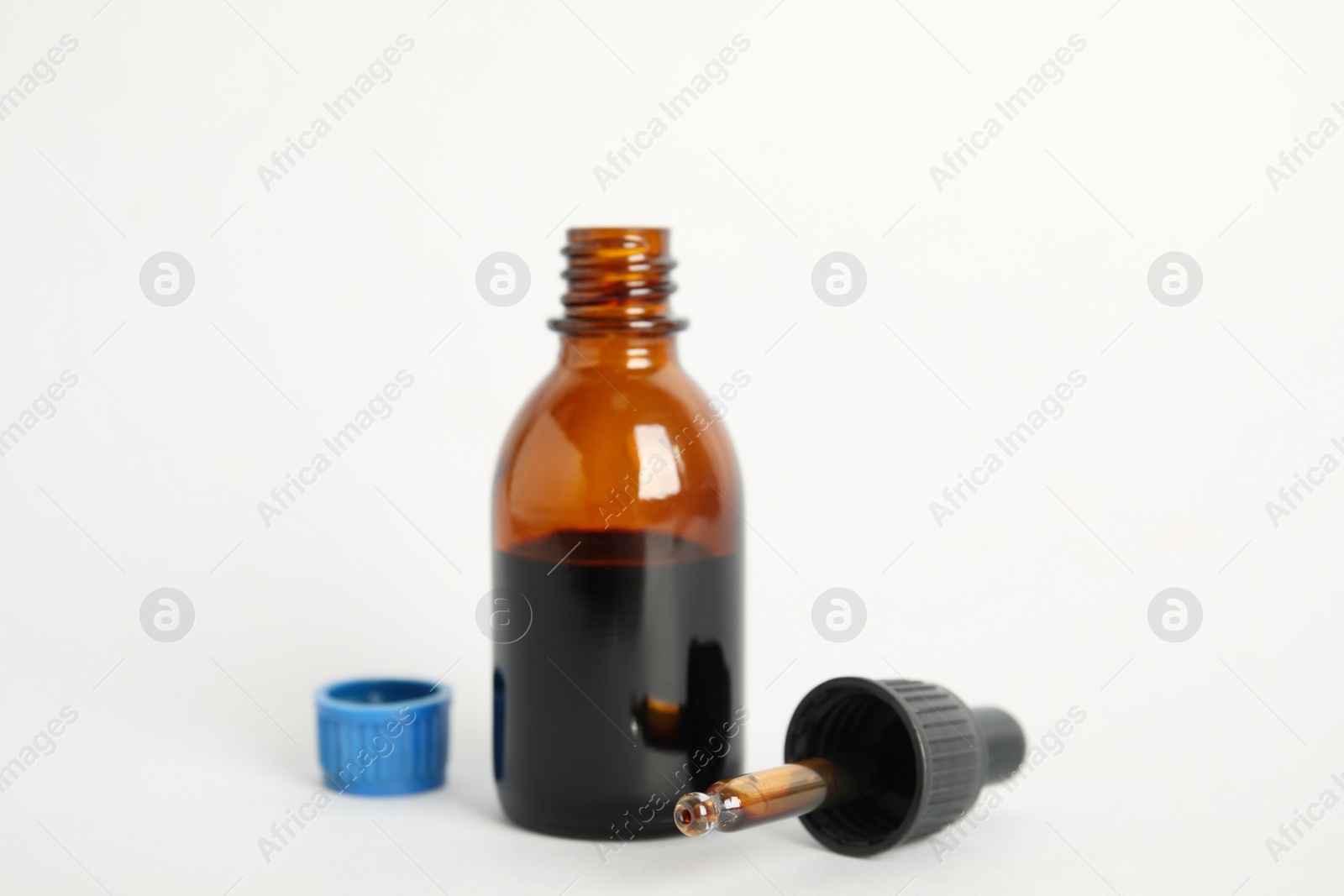 Photo of Bottle of medical iodine and dropper on white background