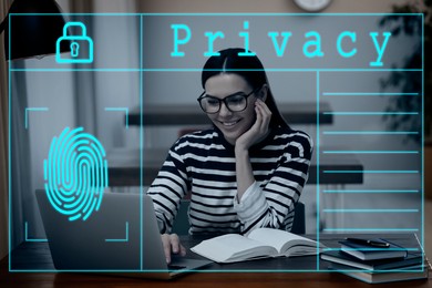 Privacy information. Virtual screen with padlock and fingerprint. Woman using laptop indoors