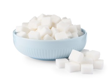 Bowl and refined sugar cubes on white background