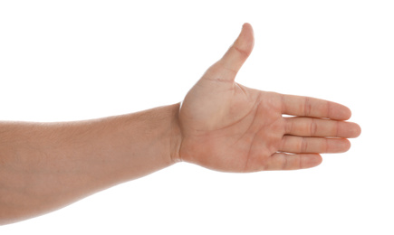 Photo of Man making frame with his hand on white background, closeup