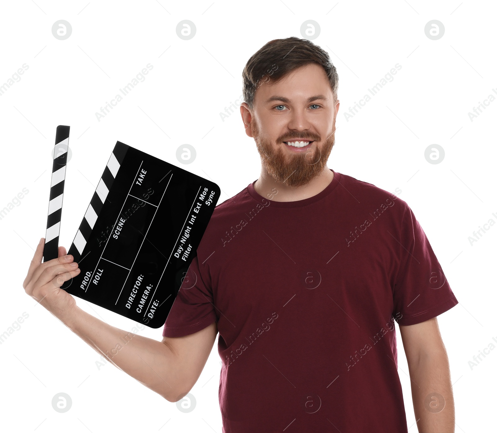 Photo of Making movie. Smiling man with clapperboard on white background