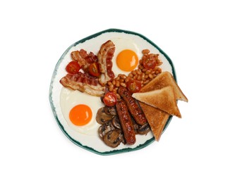 Photo of Plate with fried eggs, mushrooms, beans, bacon, sausages and toasts isolated on white, top view. Traditional English breakfast