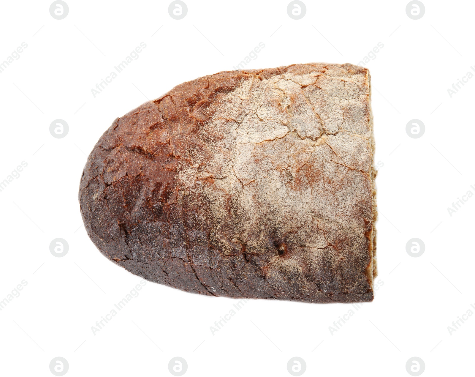 Photo of Half of rye bread isolated on white, top view