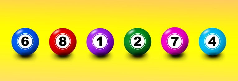 Illustration of Set of lottery balls with numbers on yellow gradient background
