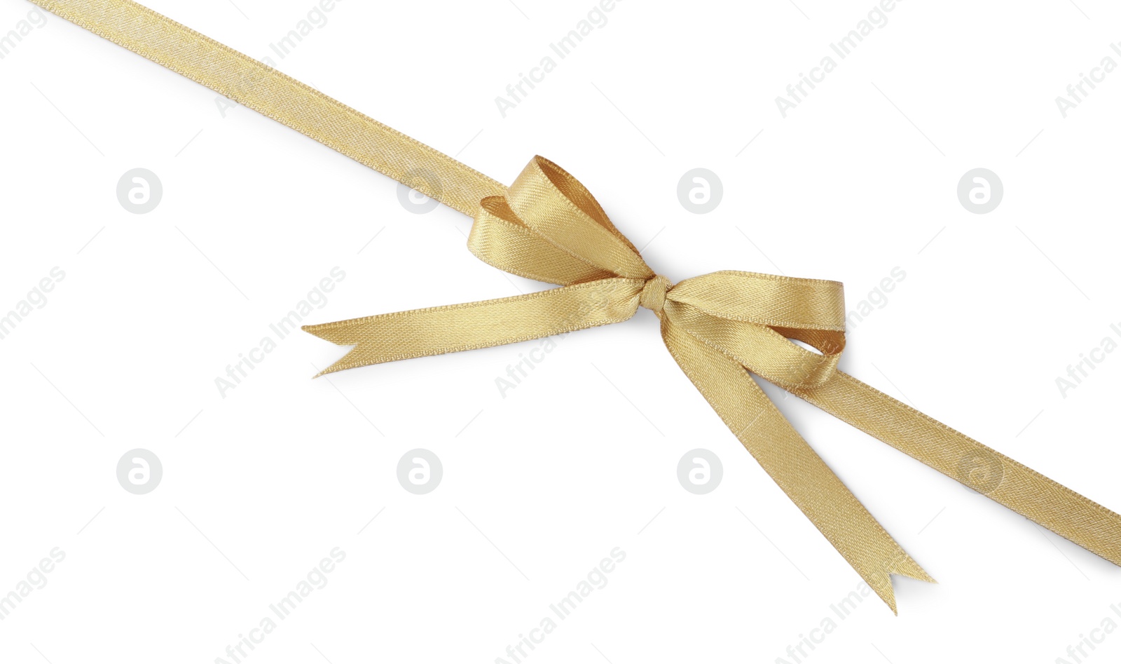 Photo of Golden satin ribbon with bow on white background, top view