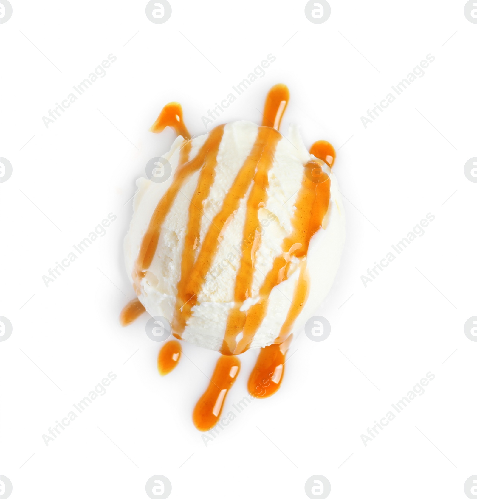 Photo of Tasty ice cream ball with caramel sauce on white background