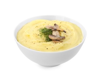 Photo of Bowl of tasty cream soup with mushrooms and dill isolated on white