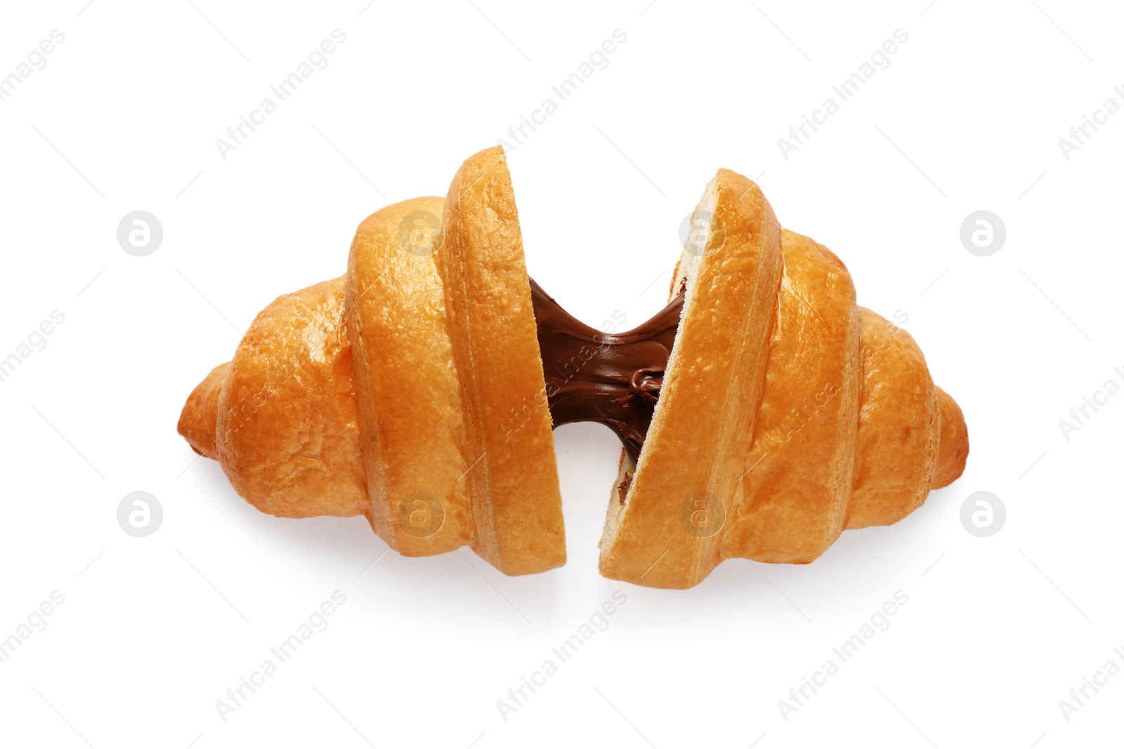 Photo of Delicious cut croissant with chocolate isolated on white, top view