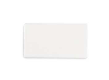 Photo of New eraser isolated on white, top view. School stationery