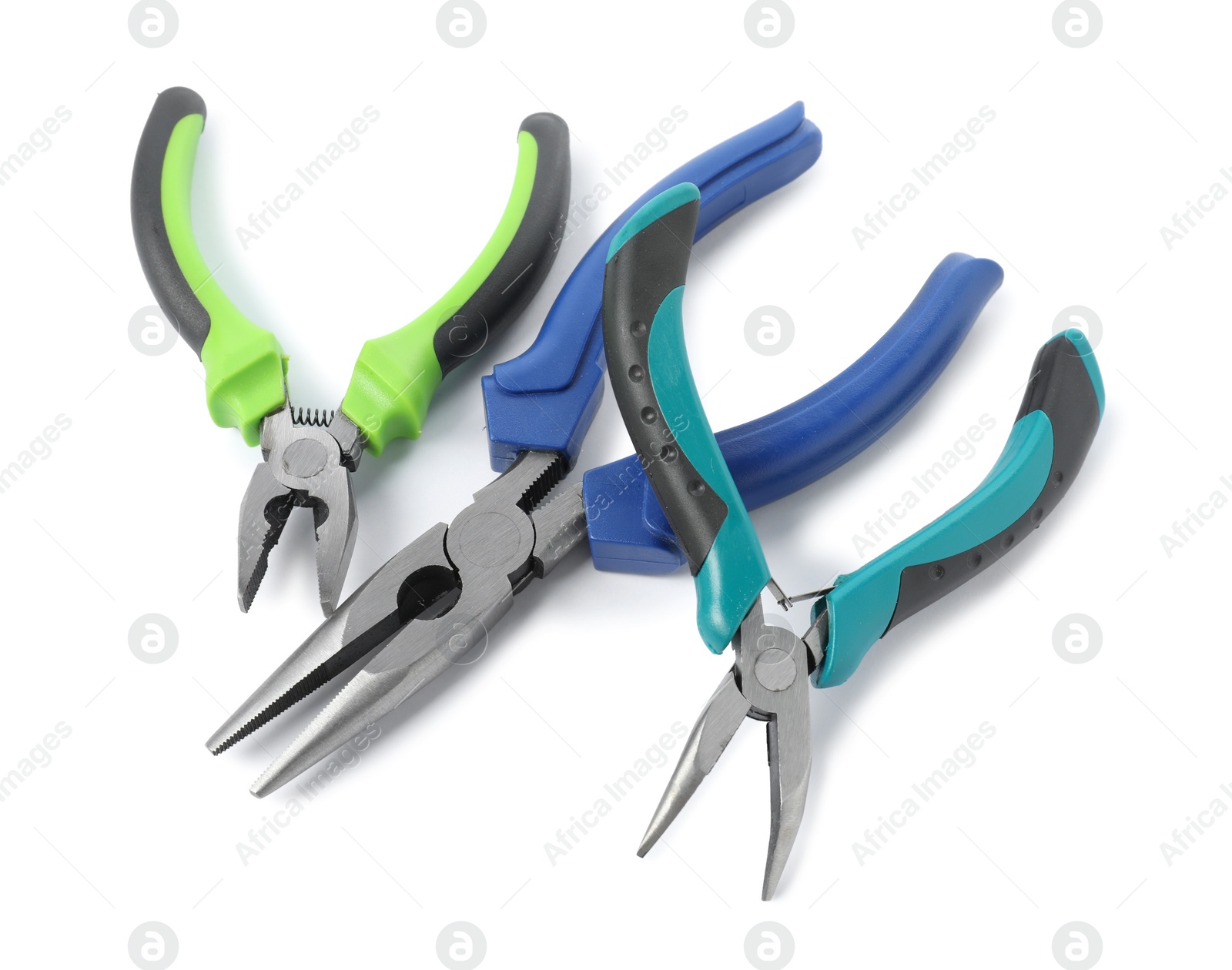 Photo of Different pliers isolated on white, above view