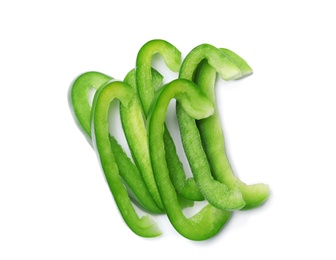 Photo of Pile of green bell pepper slices on white background, top view