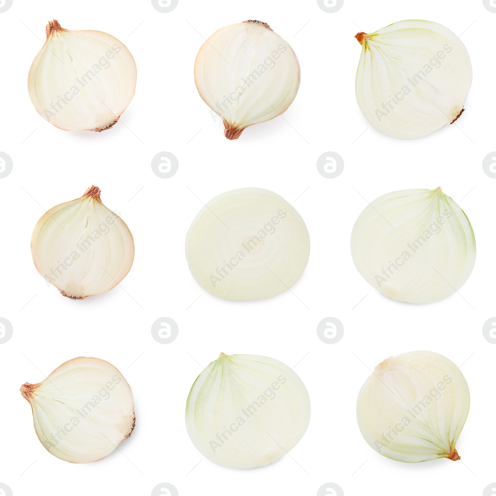 Image of Collage with halves of fresh onions on white background