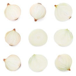 Image of Collage with halves of fresh onions on white background