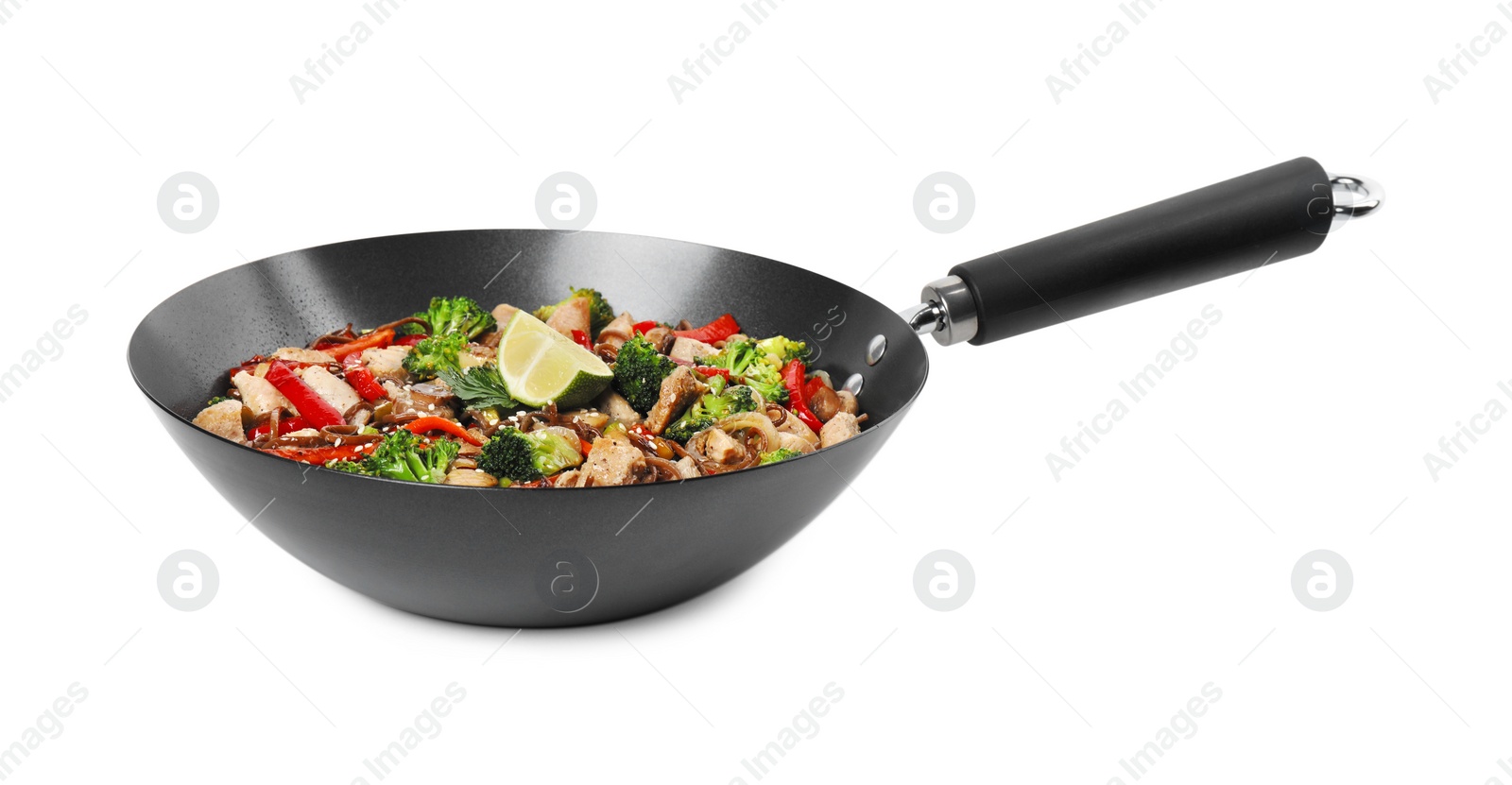 Photo of Stir-fry. Tasty noodles with meat and vegetables in wok isolated on white