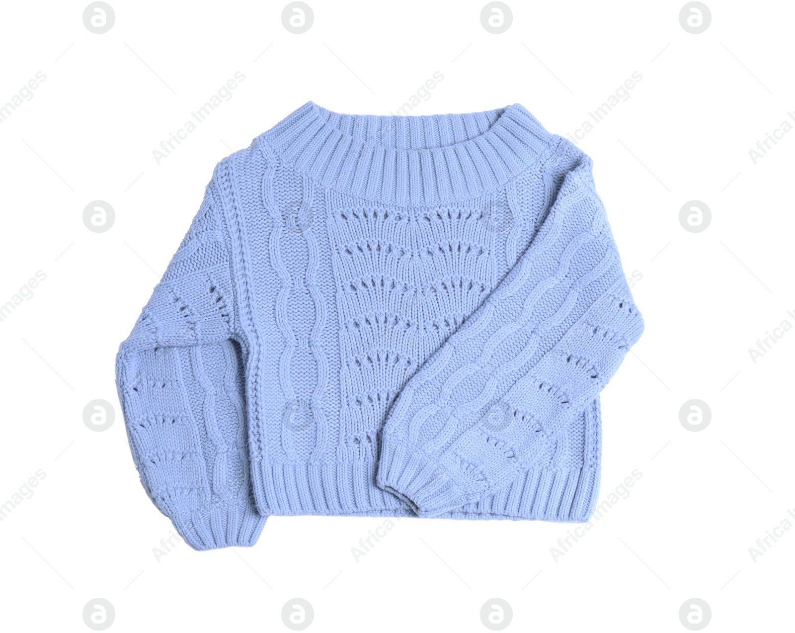 Photo of Light blue knitted sweater on white background, top view