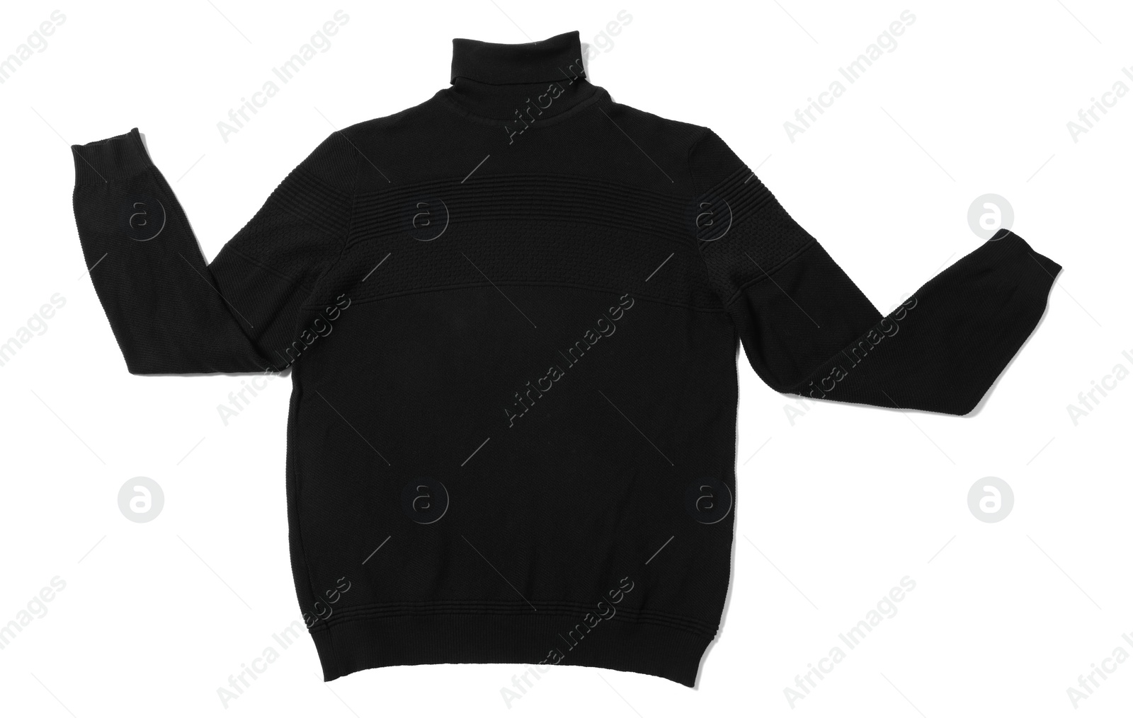 Photo of Stylish black sweater isolated on white, top view