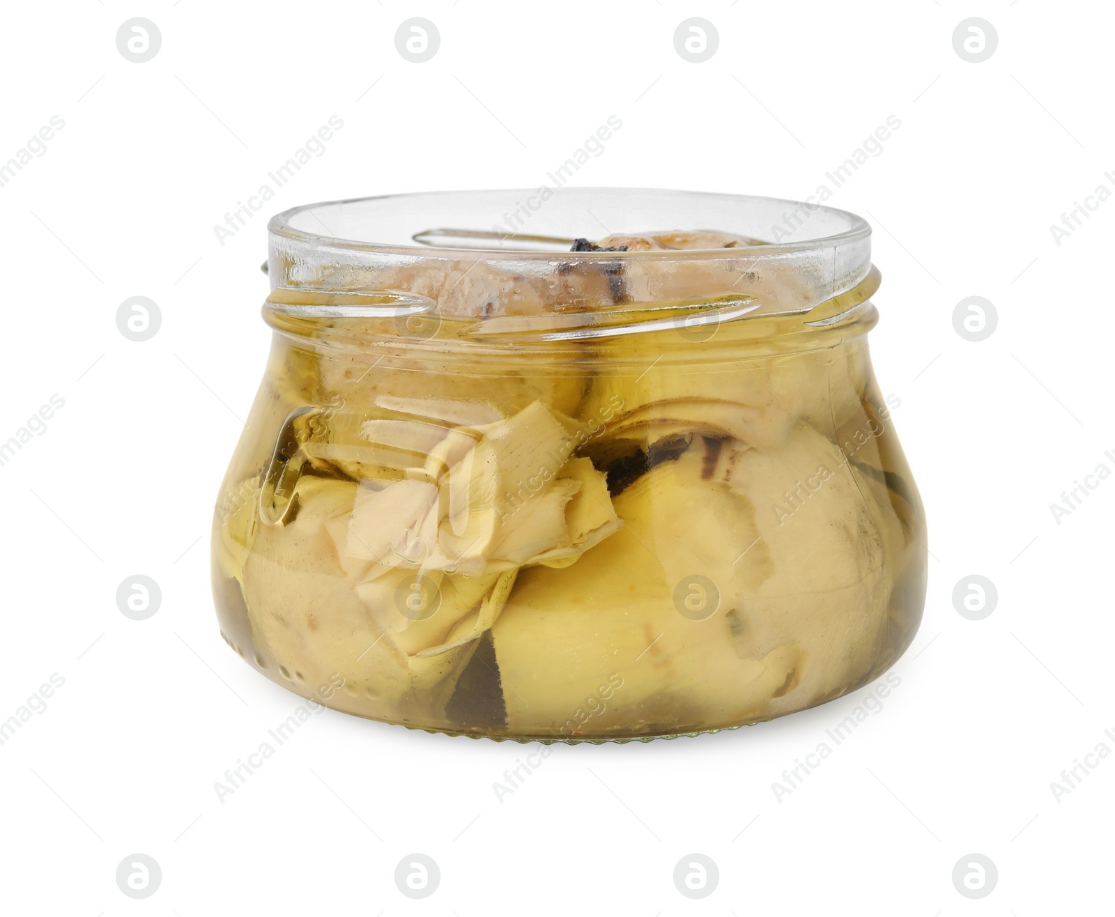 Photo of Open jar of delicious artichokes pickled in olive oil isolated on white