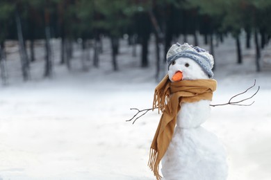 Funny snowman with scarf and hat in winter forest. Space for text