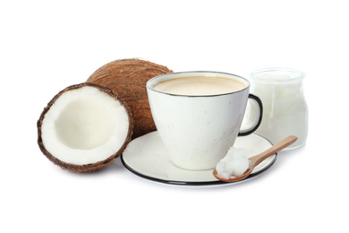 Photo of Delicious coffee with organic coconut oil isolated on white