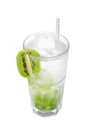 Photo of Glass of refreshing drink with kiwi isolated on white