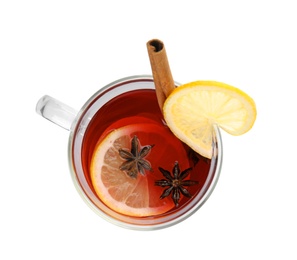 Glass cup of mulled wine with lemon isolated on white, top view