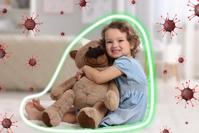 Cute little girl hugging toy bear at home. Bright outline as strong immunity protecting her against viruses