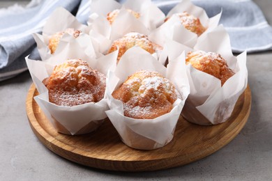 Photo of Delicious muffins with powdered sugar on grey table, closeup