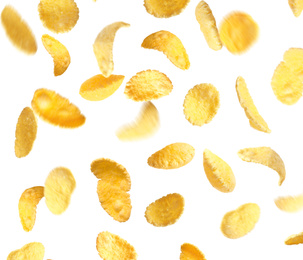 Image of Set of tasty crispy corn flakes on white background