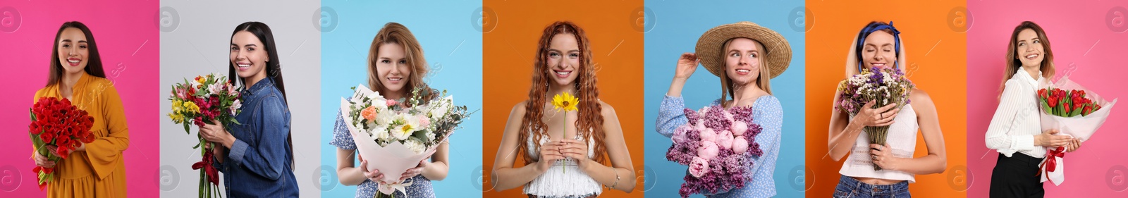 Image of Charming ladies with beautiful flowers on different colors backgrounds, collage. 8 March - Happy Women's Day