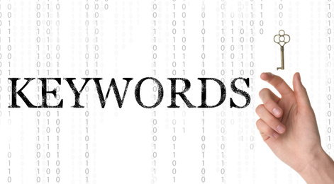 Image of Word Keywords, woman and key on white background with binary code. SEO direction