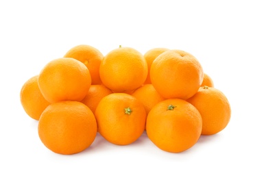 Photo of Heap of fresh ripe tangerines on white background