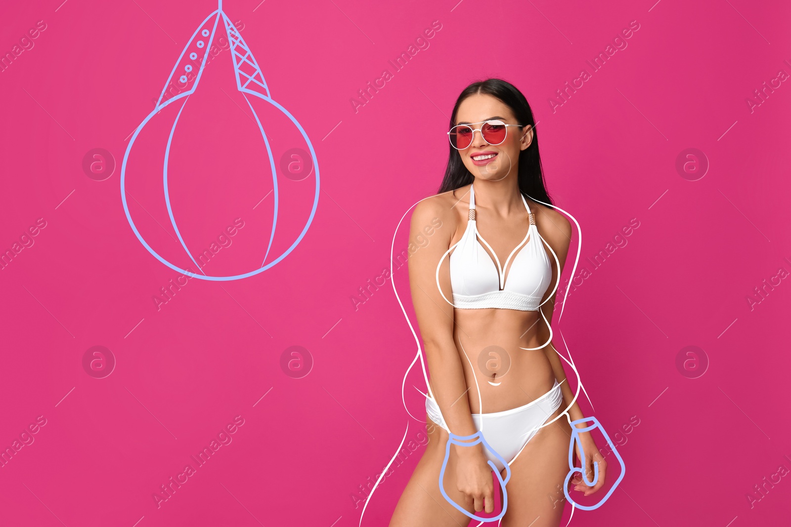 Image of Happy slim woman in swimsuit and sunglasses on pink background. Outline with boxing gloves near punching bag during training as her overweight figure before workout