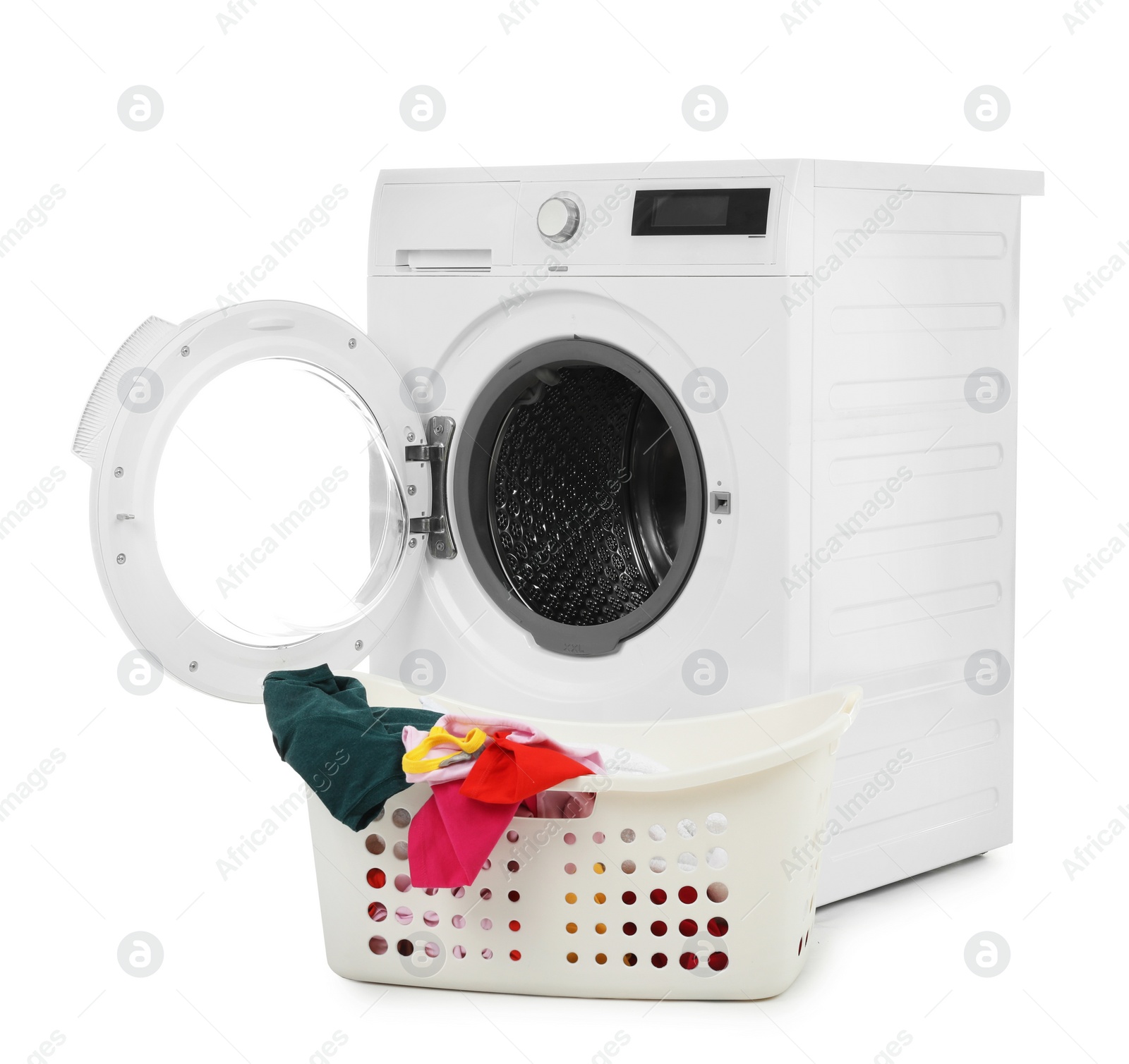 Photo of Modern washing machine and basket with laundry on white background