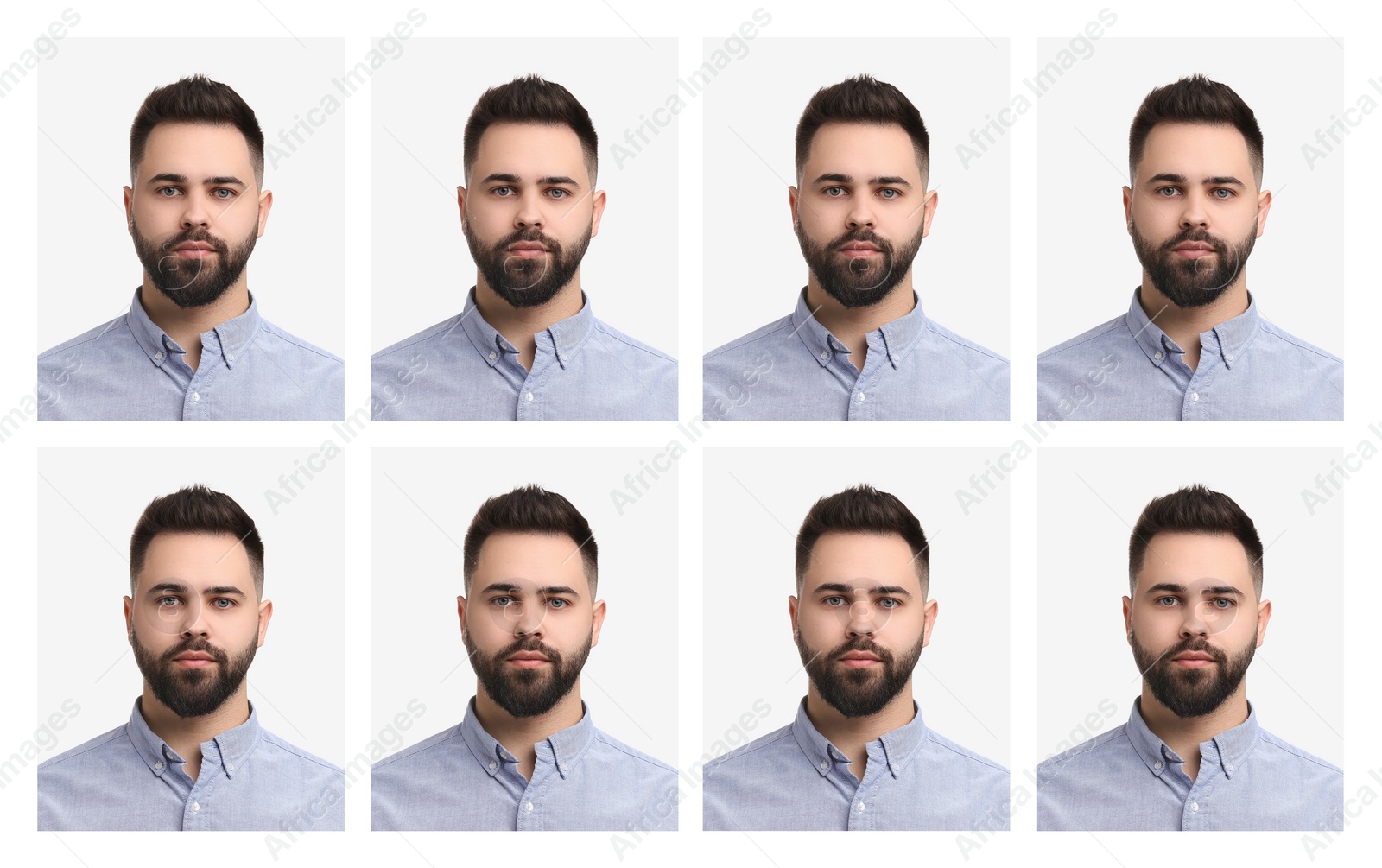 Image of Passport photo, collage. Man on white background, set of photos