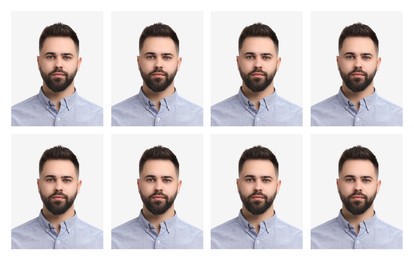 Passport photo, collage. Man on white background, set of photos