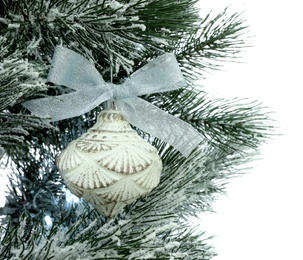 Photo of Decorated Christmas tree on white background, closeup