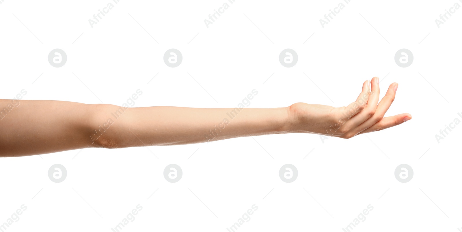 Photo of Young woman holding hand on white background, closeup