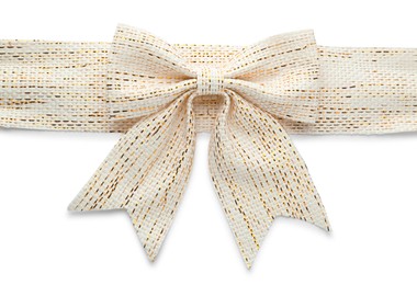 Burlap ribbon and bow with golden thread on white background, top view