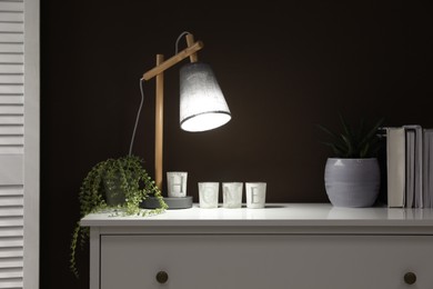 Stylish lamp, books and green plants on white chest of drawers near brown wall indoors. Interior design