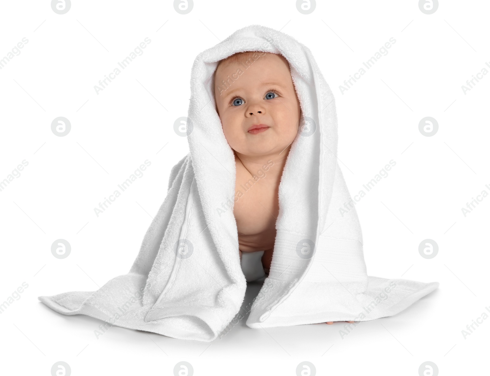 Photo of Cute little baby with soft towel on white background