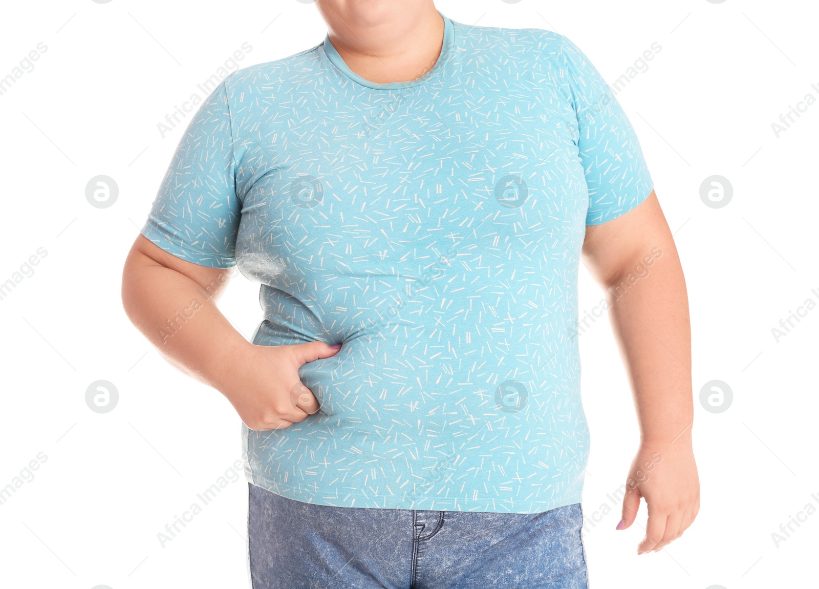 Photo of Overweight woman touching belly fat before weight loss on white background