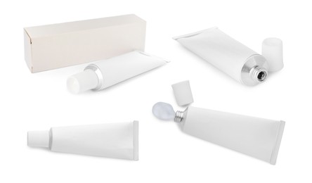 Image of Collage with tube of ointment on white background