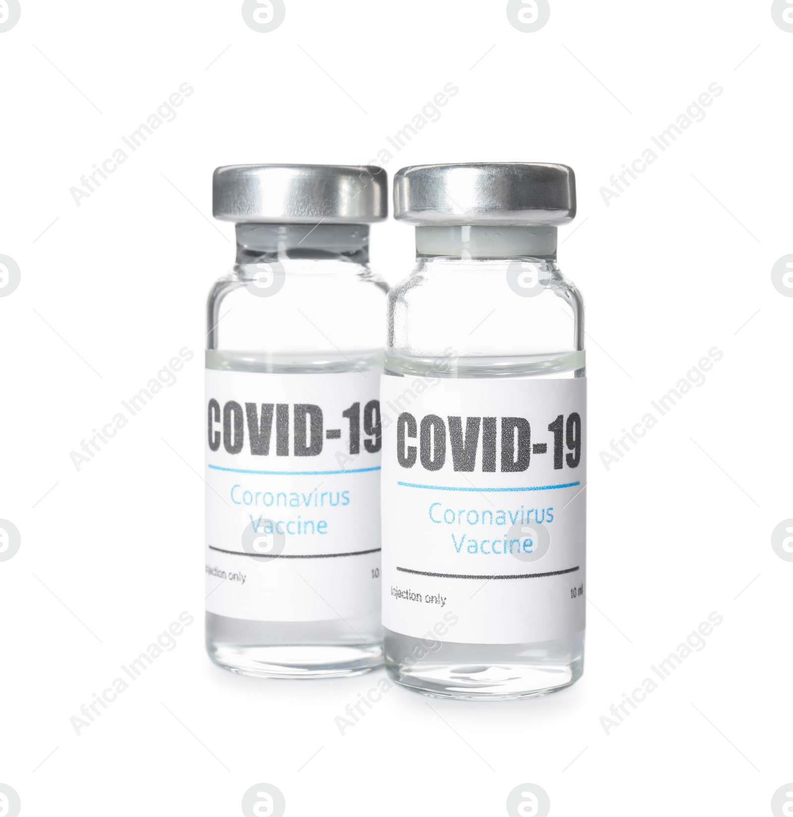 Photo of Vials with vaccine against coronavirus on white background