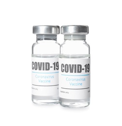 Photo of Vials with vaccine against coronavirus on white background