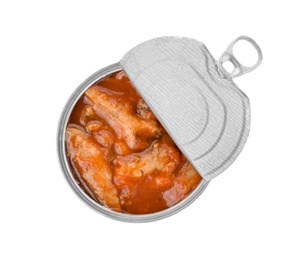 Photo of Tin can with conserved fish on white background, top view
